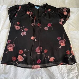 CeCe Black Blouse with Pink Floral Design